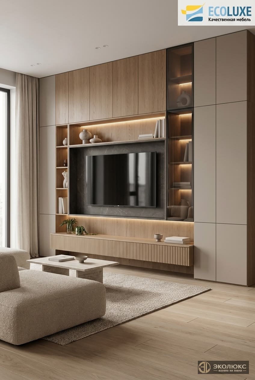 Современная ТВ-зона с подсветкой и шкафами